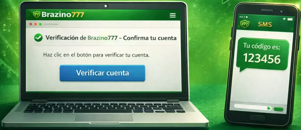 Proceso de verificación de cuenta de Brazino777 en laptop y móvil
